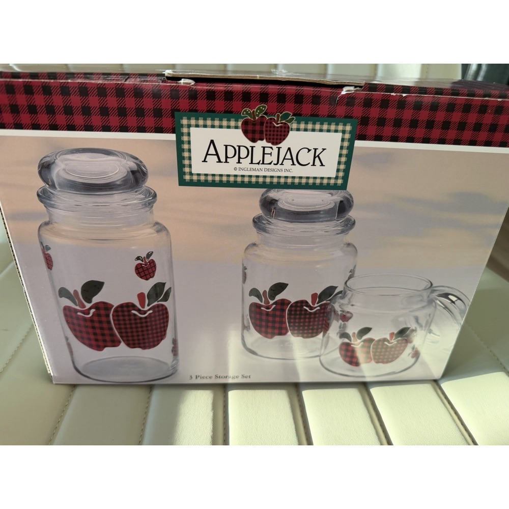 3 Glass Canisters / Apothecary Jars "Applejack Pattern" Sealed Lids by IDI Apple